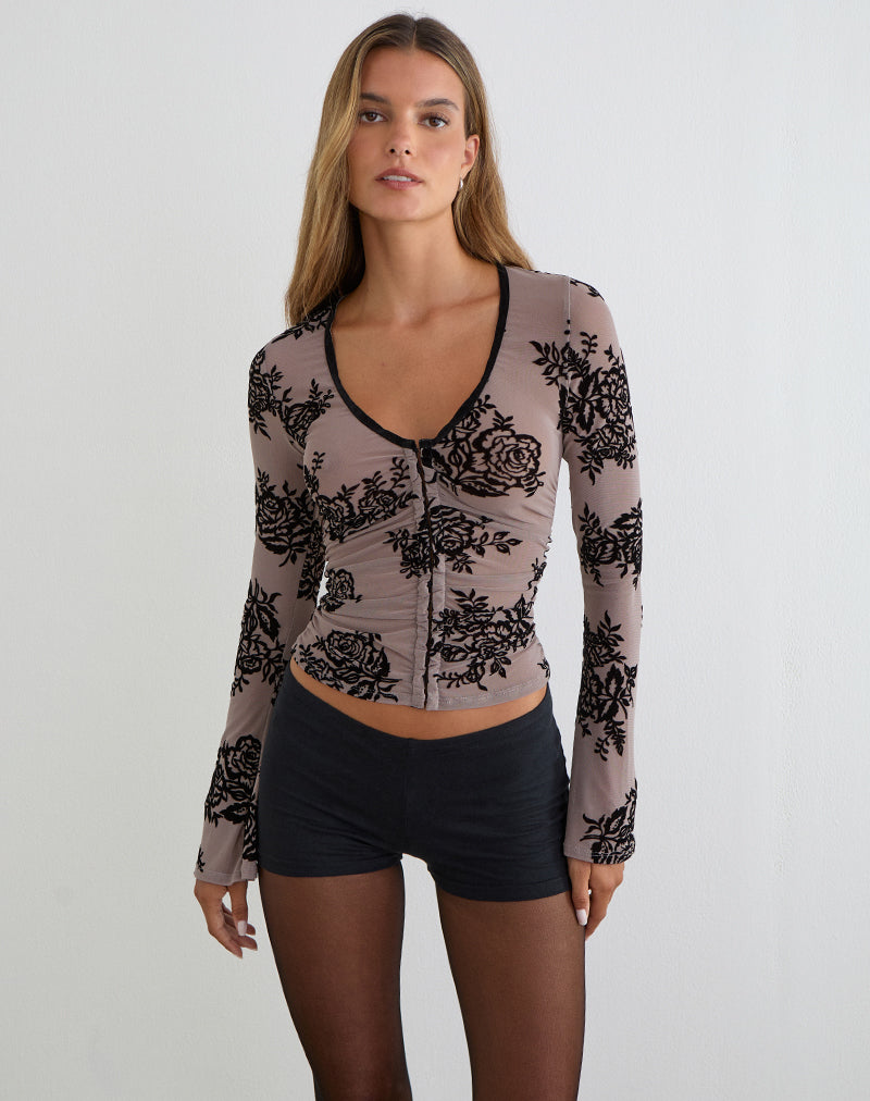 Image of Jumah Top in Taupe Grey with Bold Floral Flock