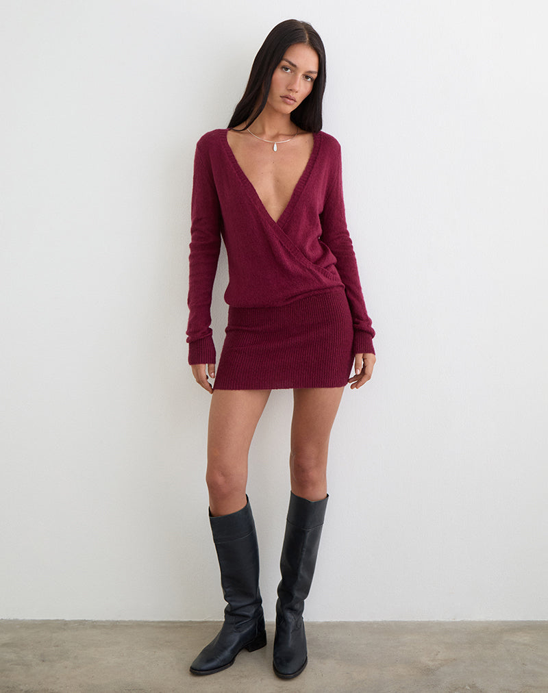 Image of Junbi Wrap Mini Dress in Knit Wine