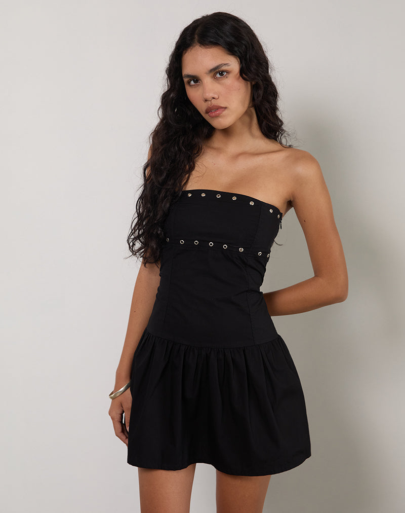 Kafridi Eyelet Mini Dress in Poplin Black