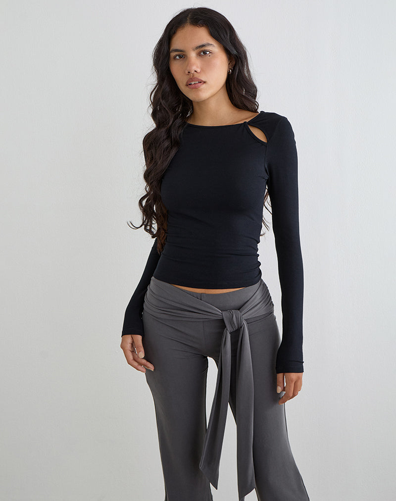 Image of Kalais Long Sleeve Twisted Neckline Top in Black