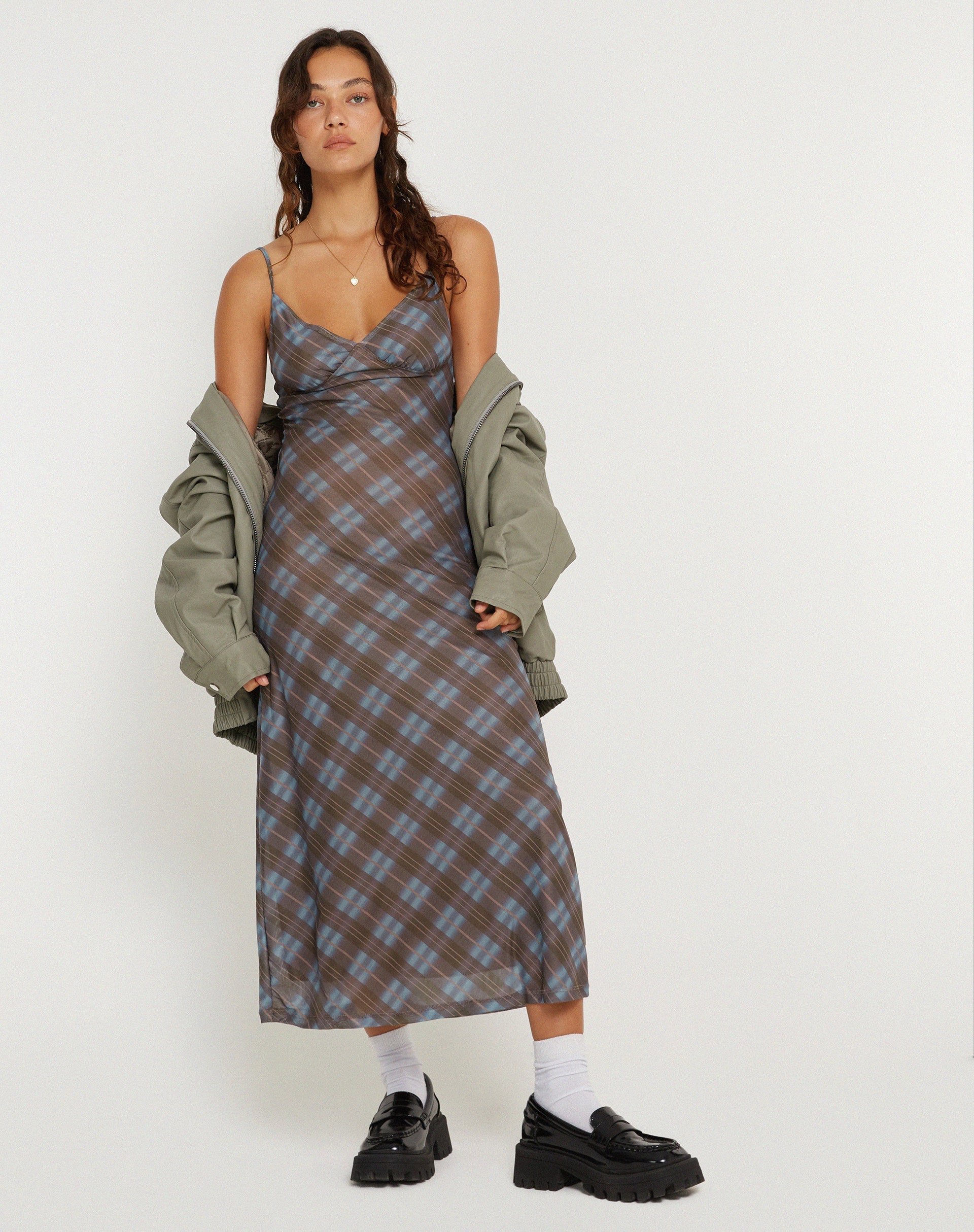 image of KALANA DRESS GREEN BLURRED CHECK DARK OLIVE