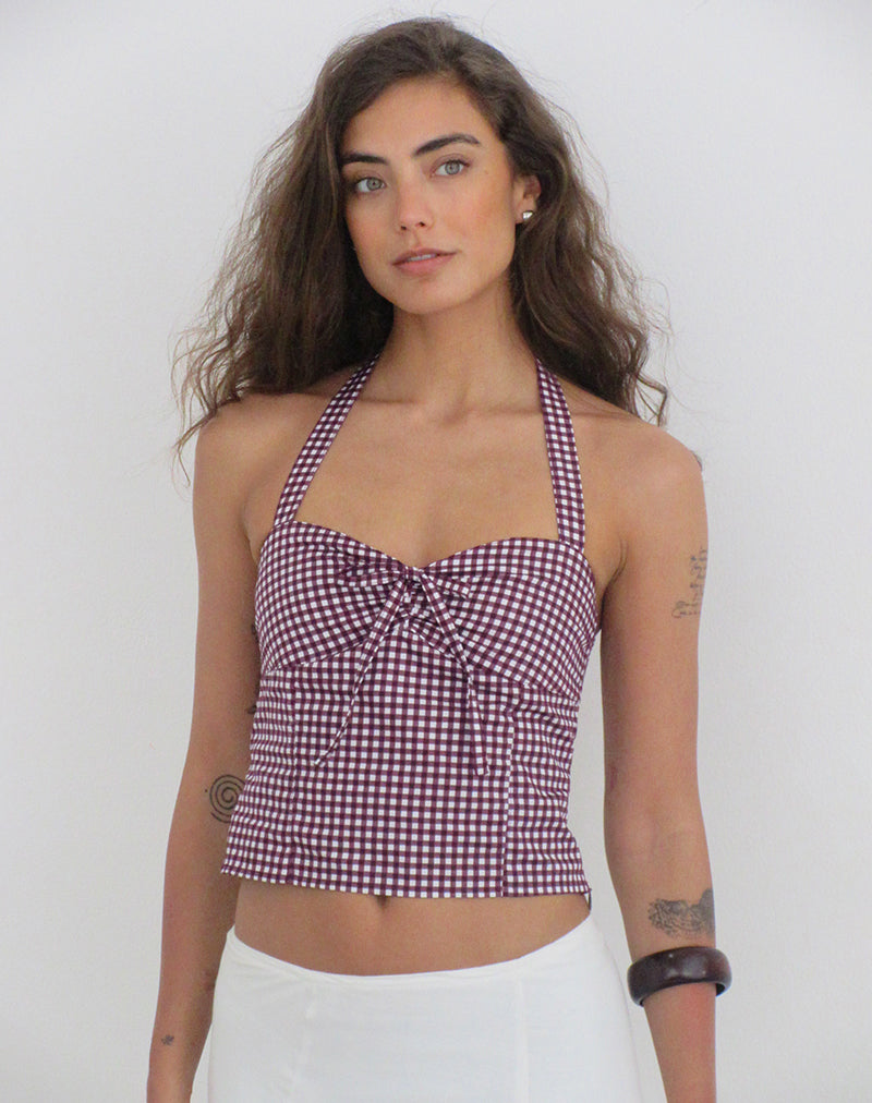 Image of Kampi Halterneck Top in Mini Gingham Wine