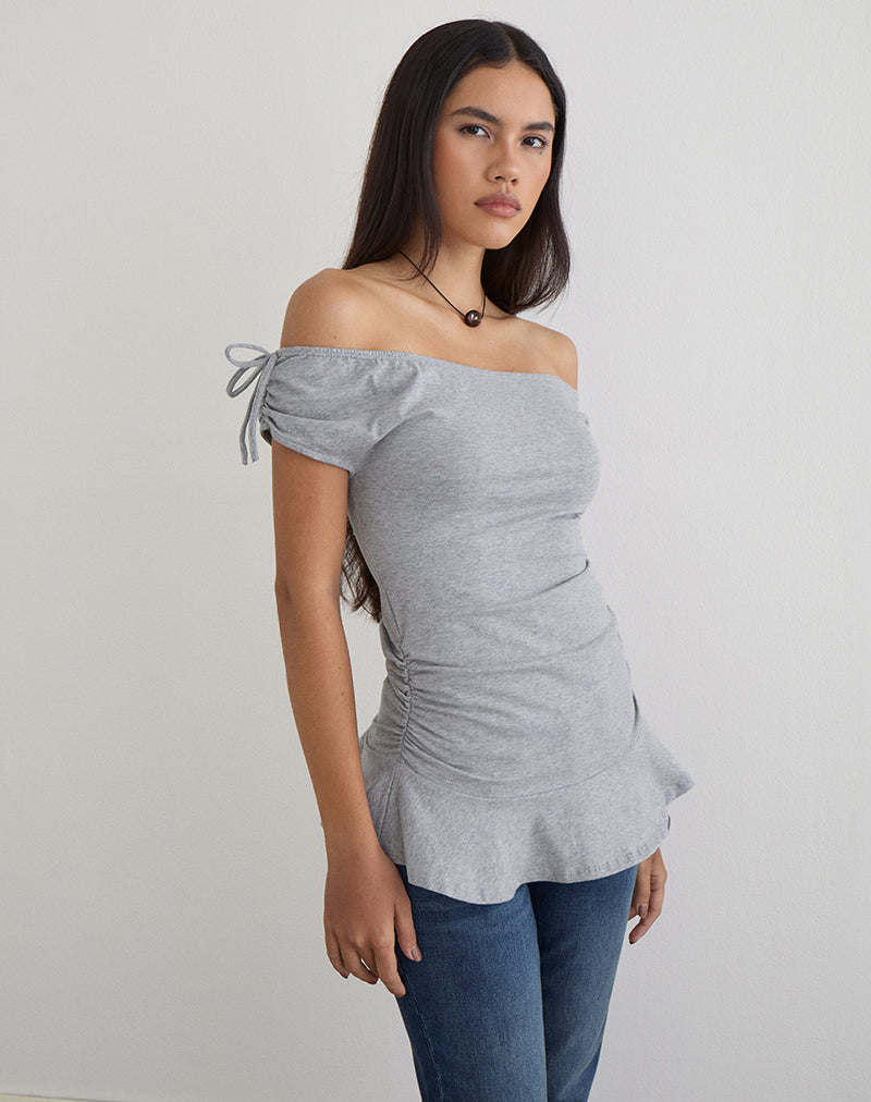 Kanao Bardot Frill Top in Grey Marl