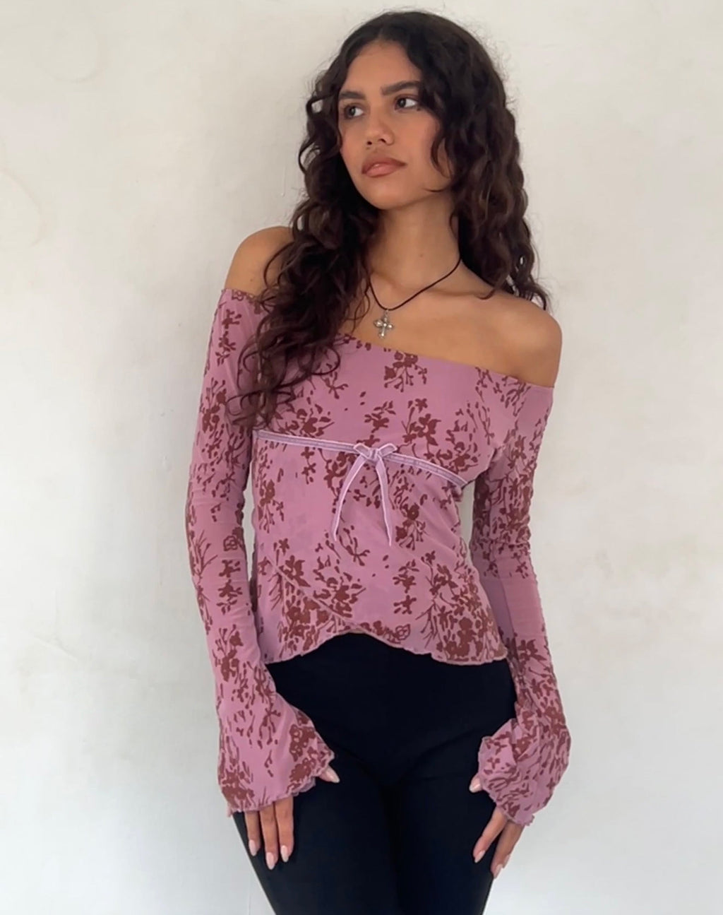 Kareena Long Sleeve Bardot Top in Abstract Botanic Mauve