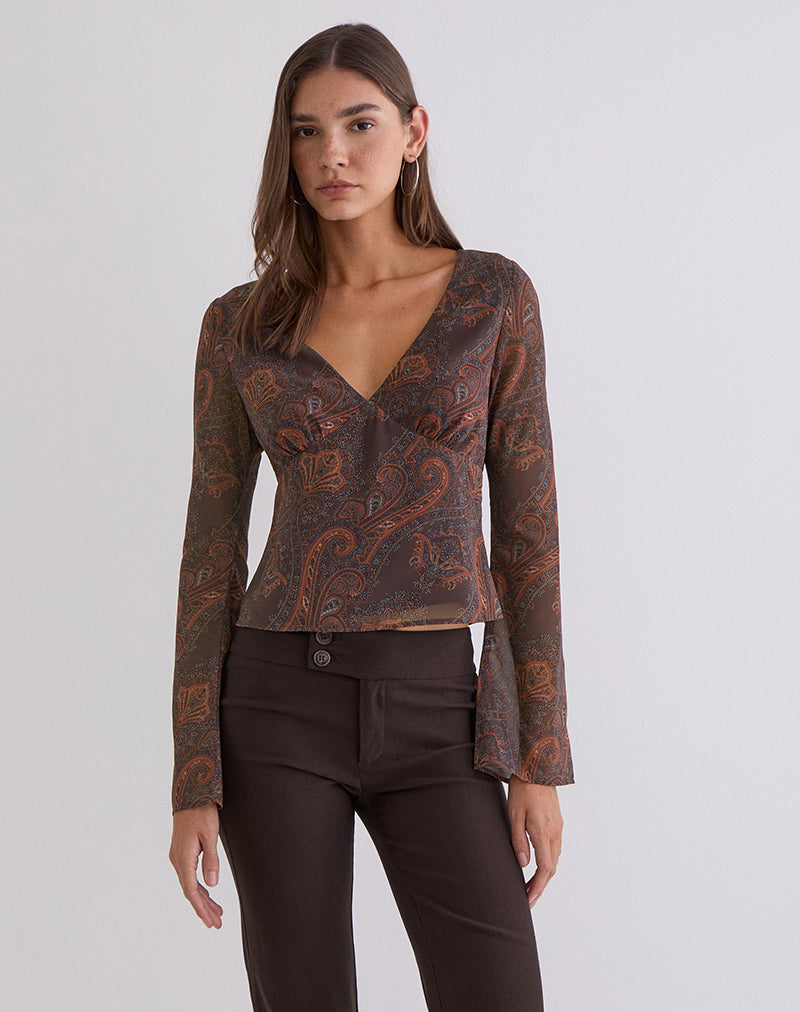Karilo Langarm-Oberteil aus Chiffon in Royal Paisley Burgundy