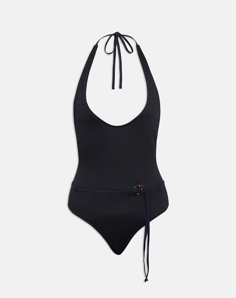 Image of Kasem Plunge Swimsuit in Textured Black with Tie Belt