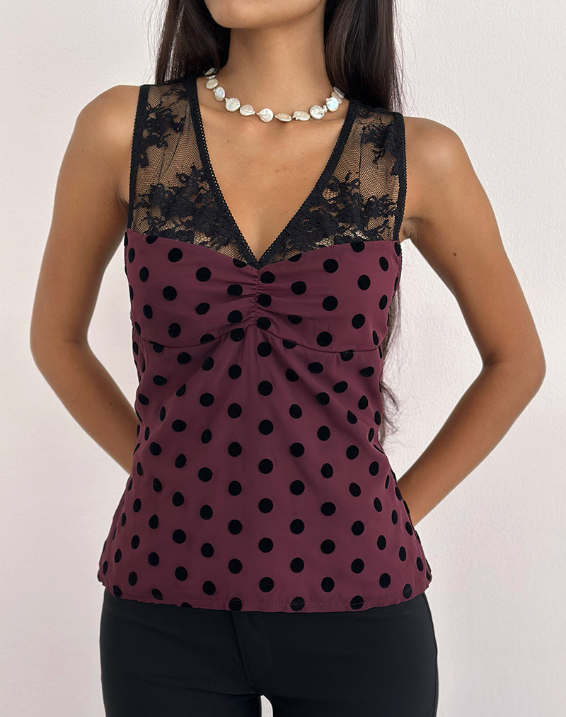 Kasia V-Neck Top in Vintage Polka Maroon