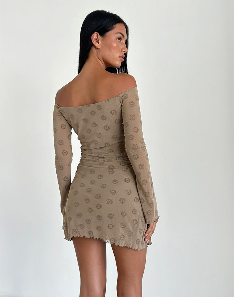 Image of Kausar Off Shoulder Mini Dress in Daisy FLock Light Brown