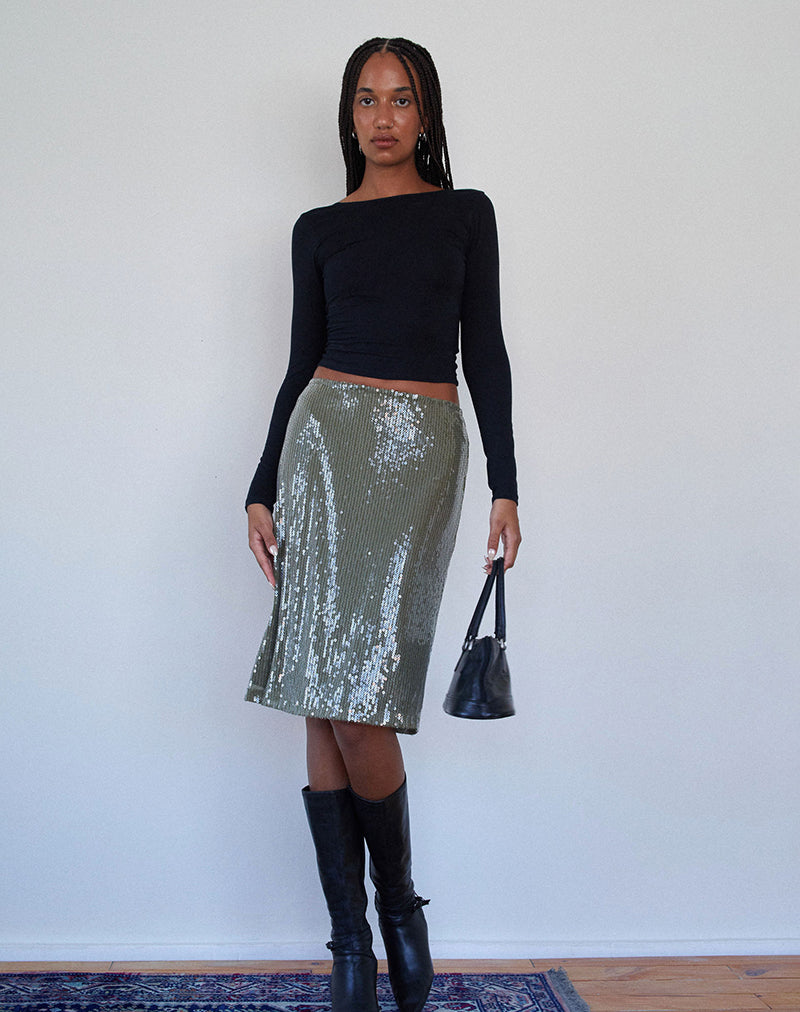 Image of Kavi Midi Skirt in Khaki Green Clear Sequin