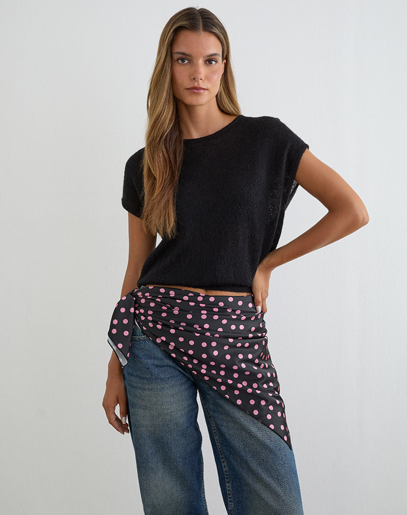 Image of Kavra Scarf in Black Satin Scattered with Pink Polka