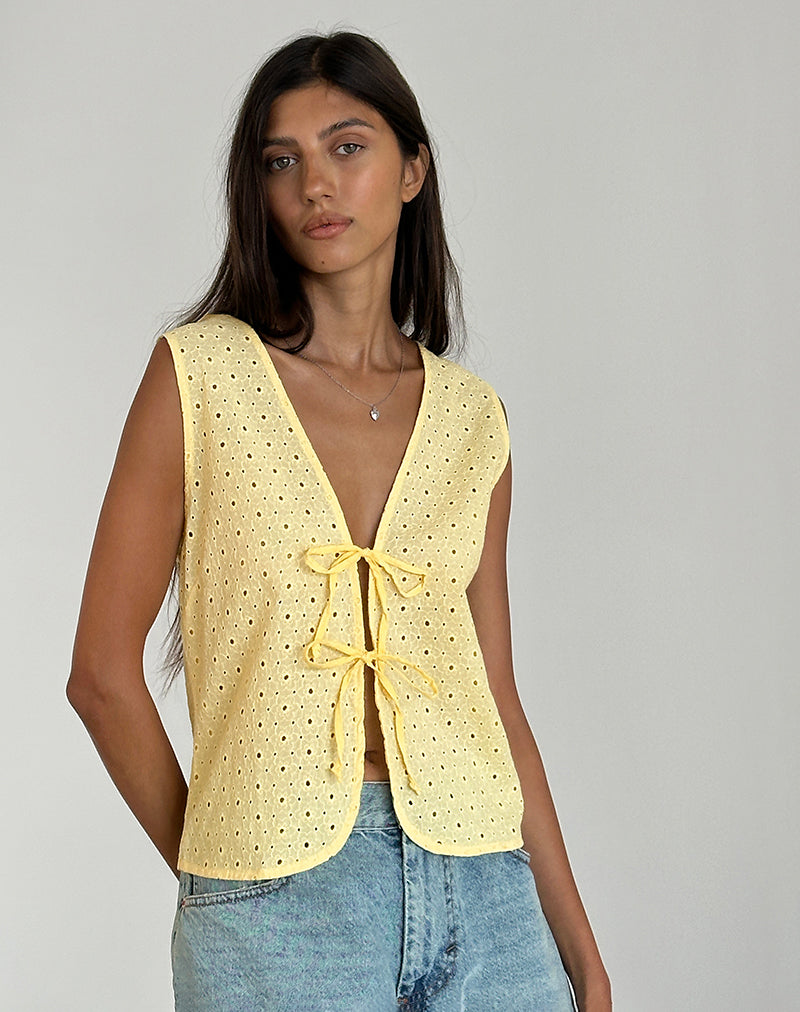Image of Kayve Tie Front Top in Broderie Yellow