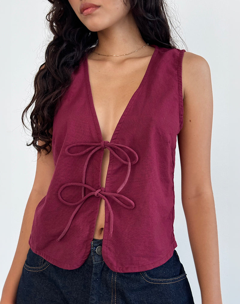 Image of Kayve Tie Front Top in Burgundy