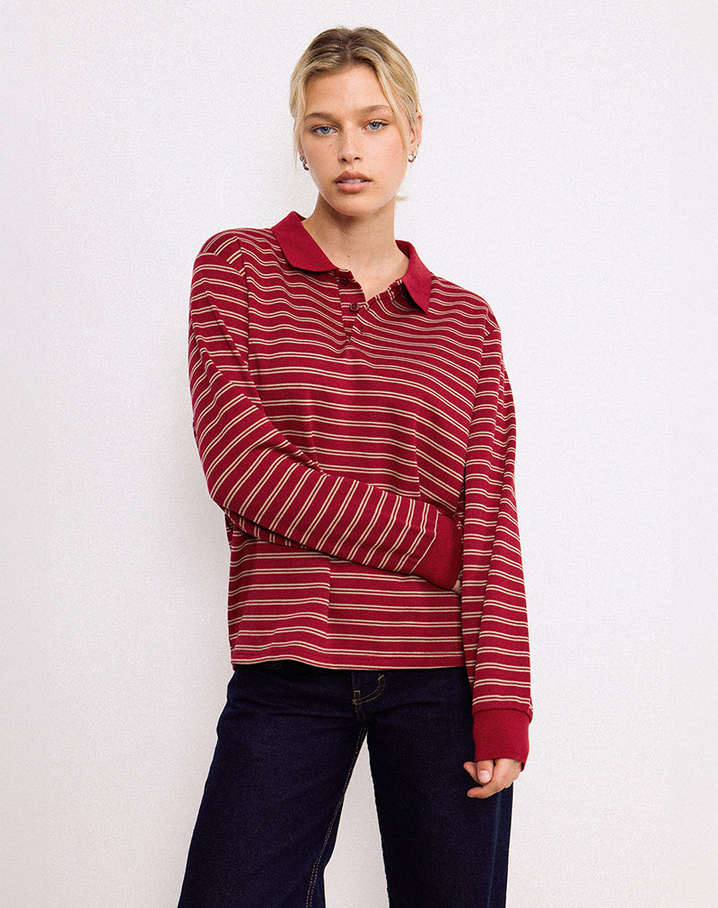 Image of Kemillau Baggy Shirt in Burgundy with White Stripes