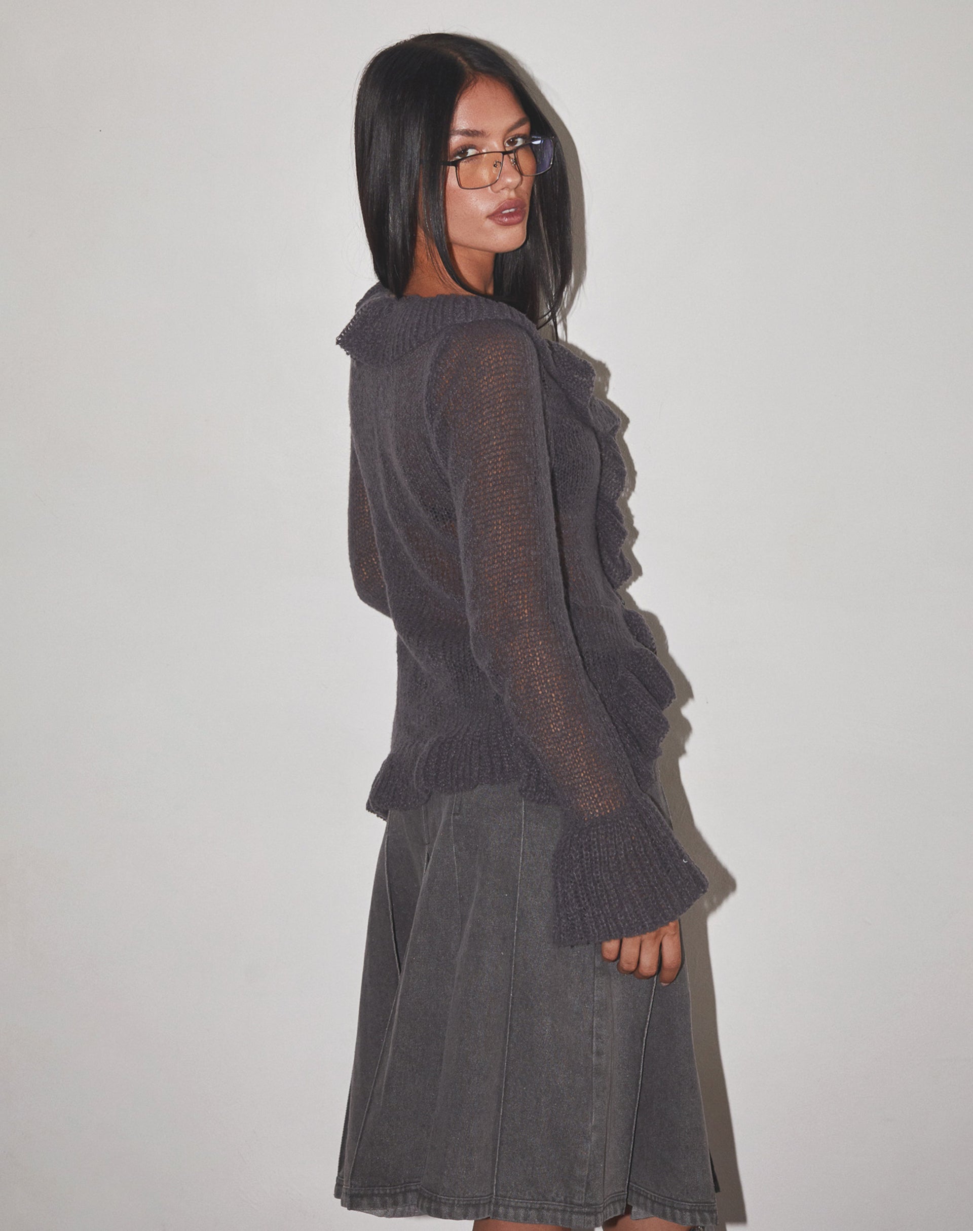 Dark Charcoal Ruffle Knit Cardigan | Kendra – motelrocks-com-eur