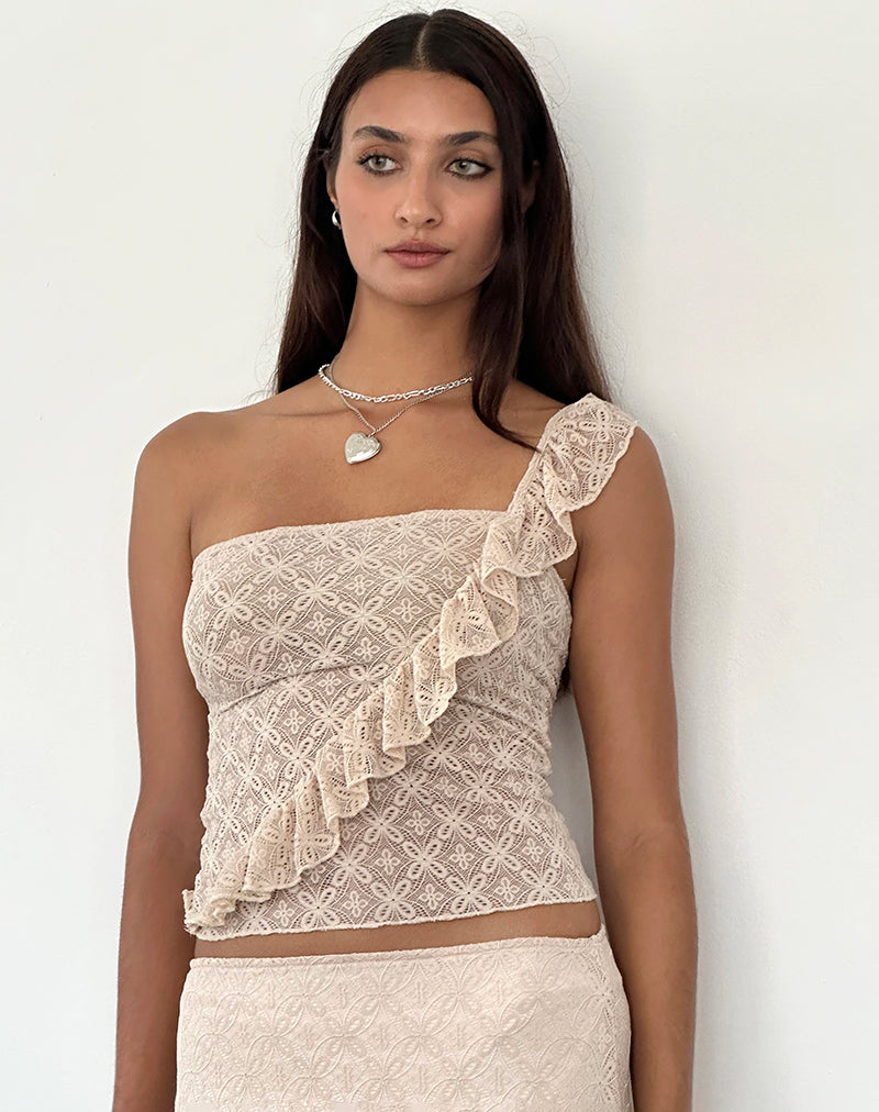 Kezia Bandeau Frill Top in Textured Nude Lace