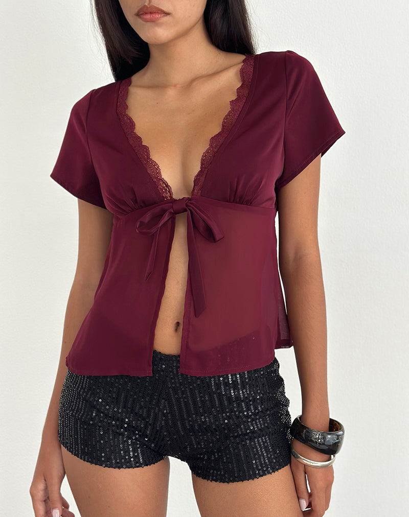Kilu Top aus Satin-Chiffon in Burgunderrot