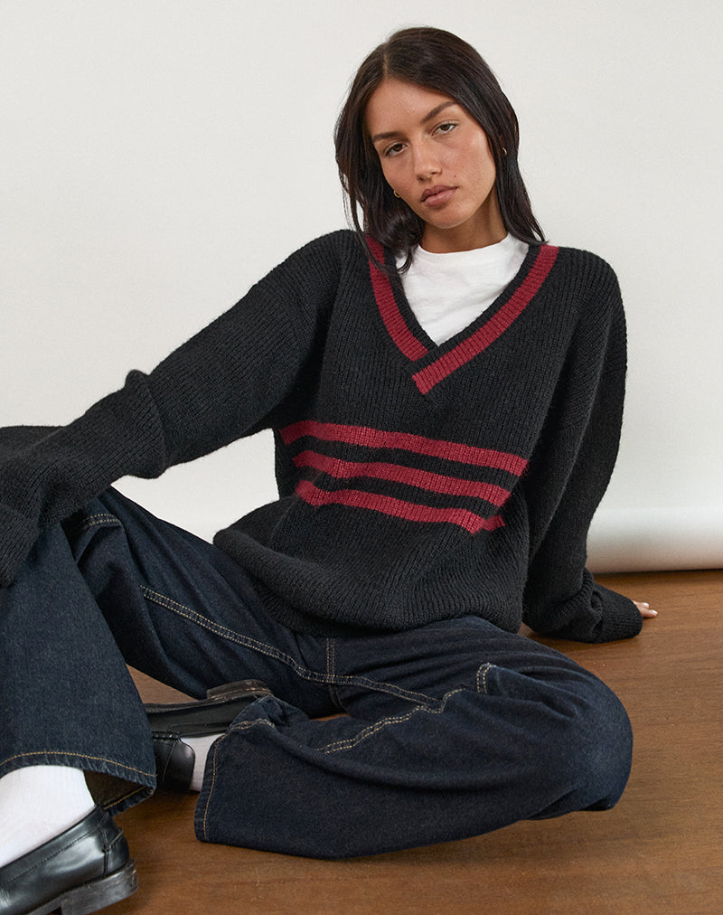 Knitza Jumper in Black with Red Stripes