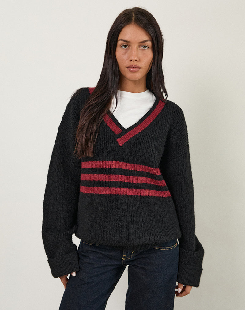 Knitza Jumper in Black with Red Stripes