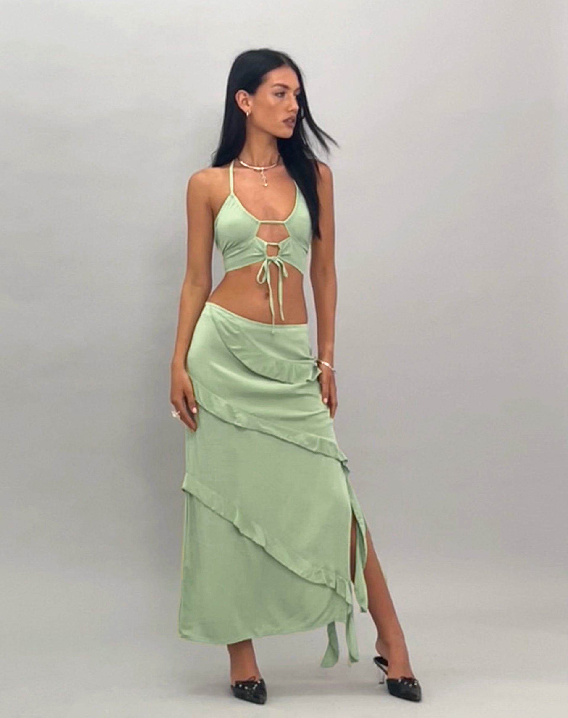 Mint Sage Low Rise Ruffle Maxi Skirt | Varena – motelrocks