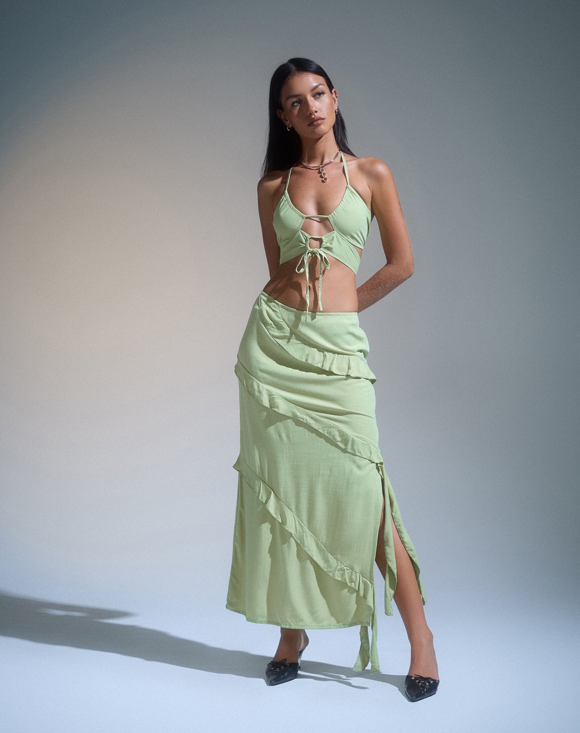 Image of Varena Low Rise Ruffle Maxi Skirt in Mint Sage