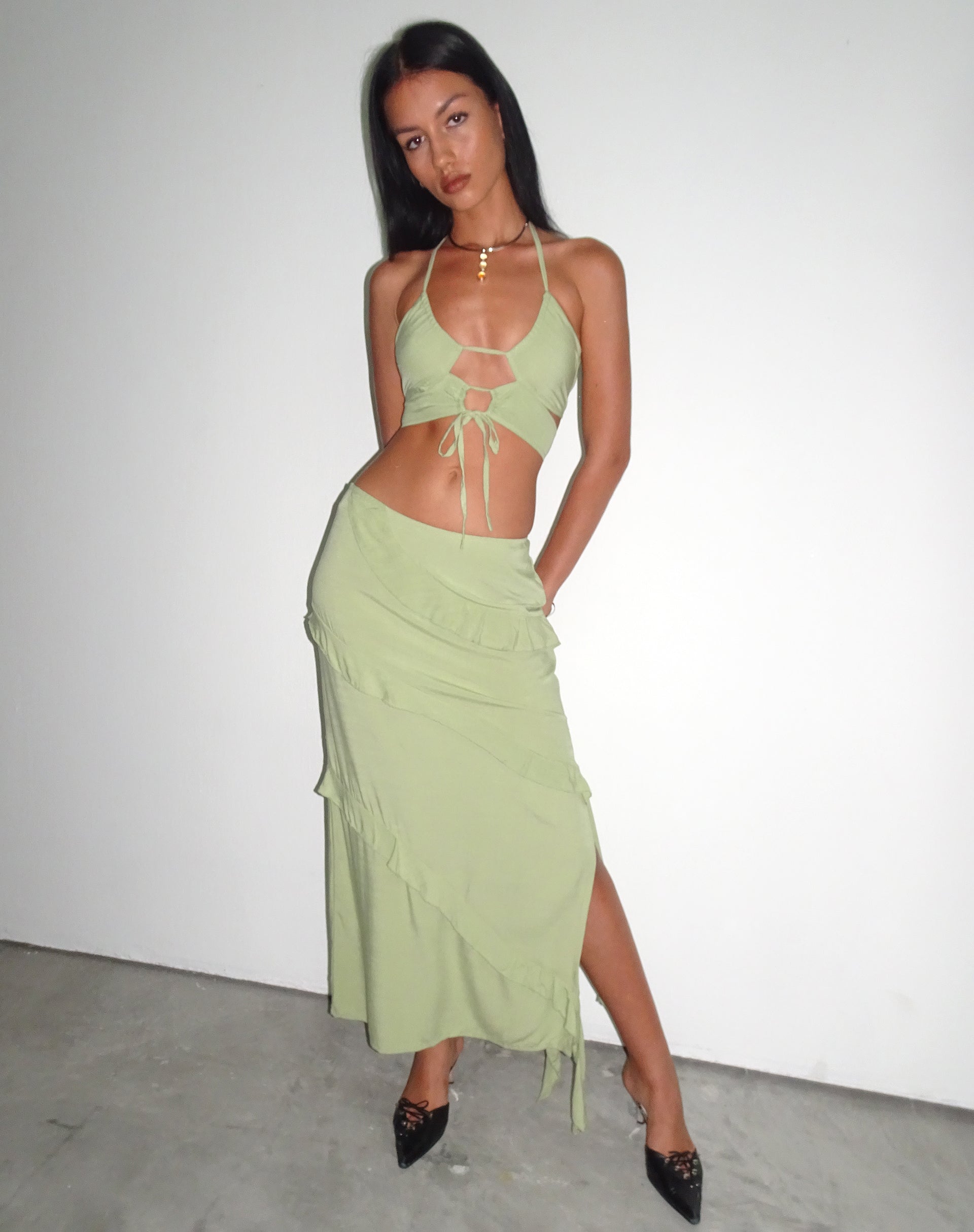 Mint Sage Low Rise Ruffle Maxi Skirt | Varena – motelrocks