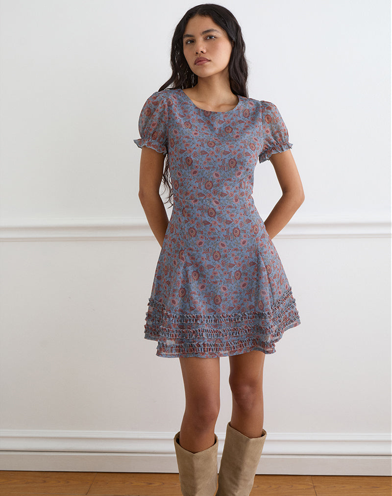 Image of Koharu Mini Dress in Shadow Blossom Blue Chiffon