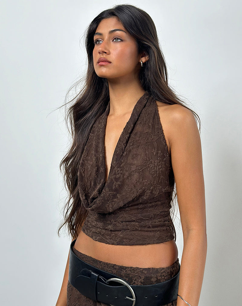 Kylo Halter Top in Jacquard Knit Dark Brown