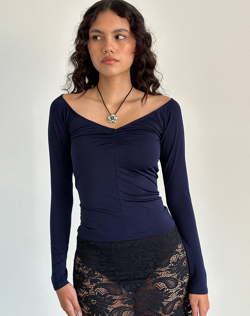 Image of Kaisley Ruched Front Long Sleeve Top in Navy
