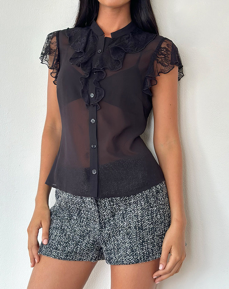 Lada Blouse in Black Chiffon with Lace Trim