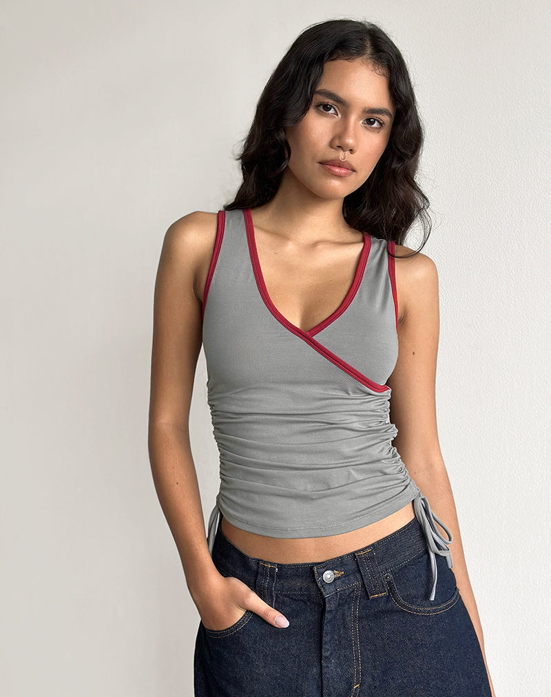 Laird Wrap Top in Grey with Adrenaline Red Binding