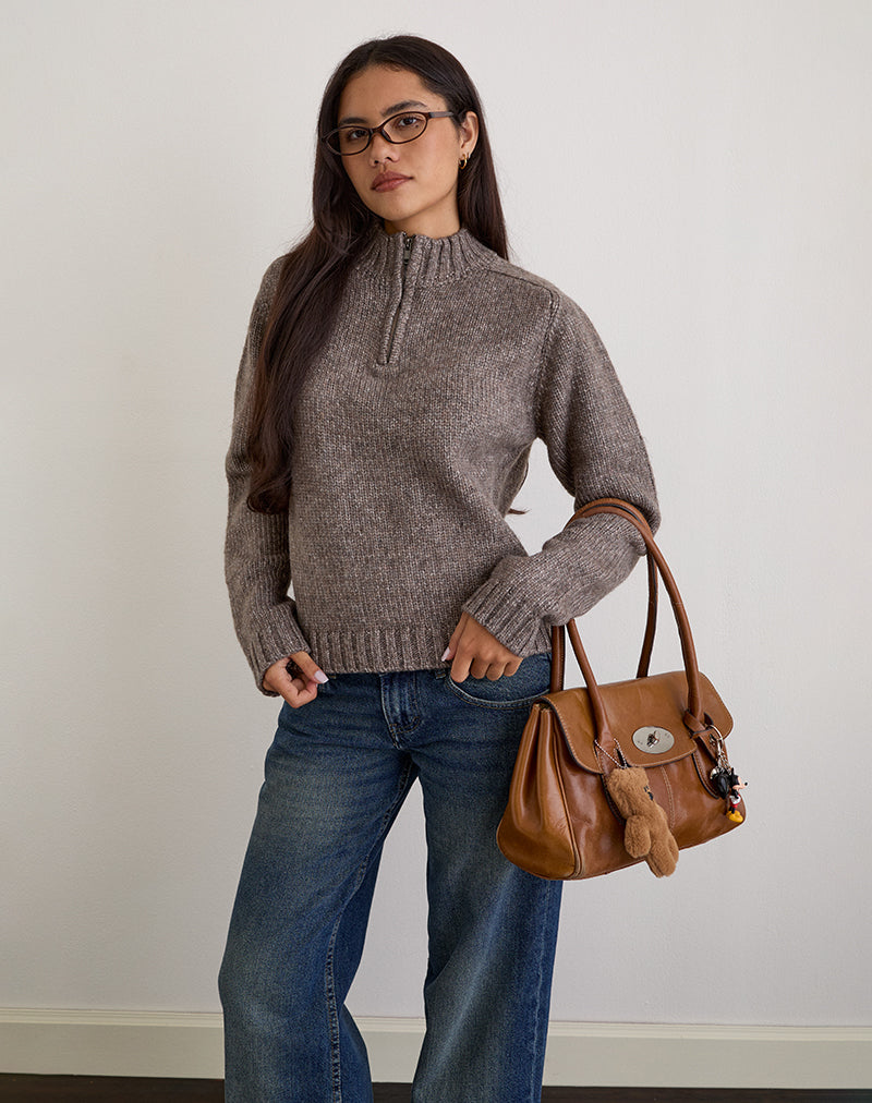 Lamara Quater Zip Jumper in Dark Brown Marl