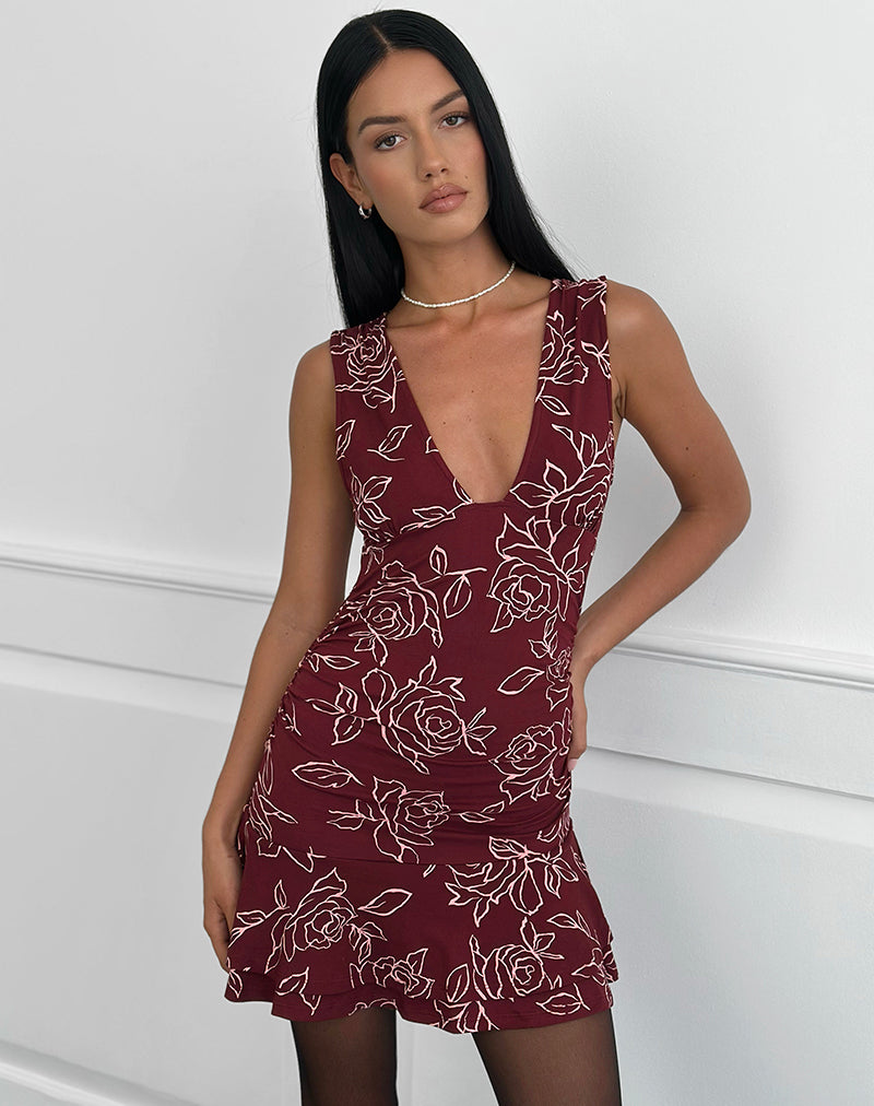 Image of Lanai Mini Dress in Outline Rose Maroon