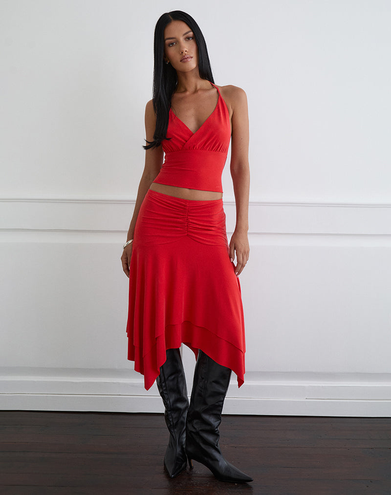Image of Samaria Gathered Midi Skirt in Cupro Red