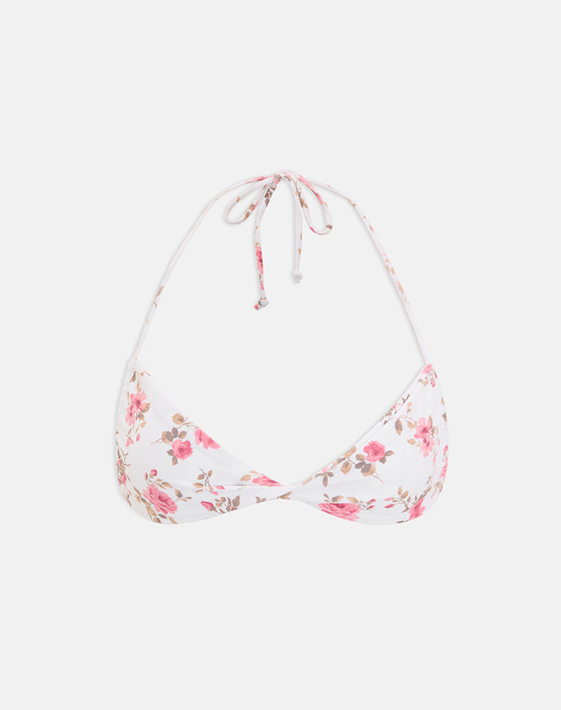 Image of Laufey Bikini Top in White with Pink Floral Bloom