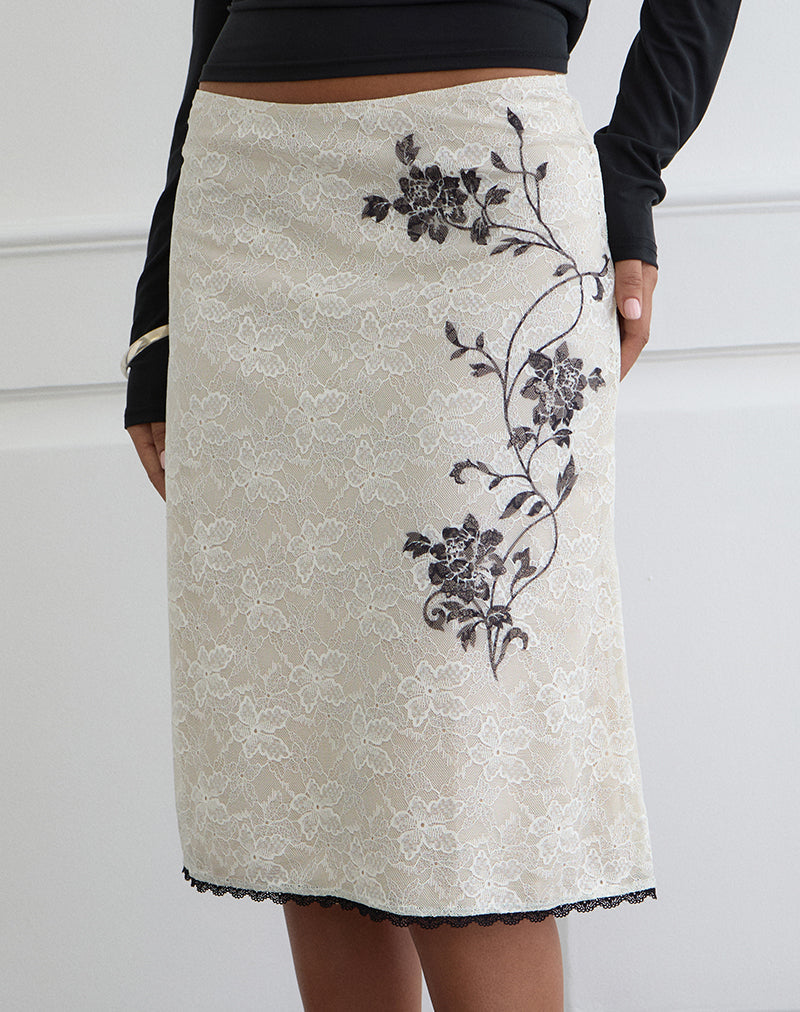 Jupe midi Laykha en dentelle ivoire avec imprimé vigne noir
