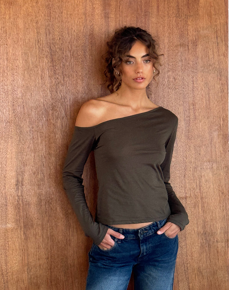 Ledez Asymmetrical Slouchy Top in Olive Tissue Jersey