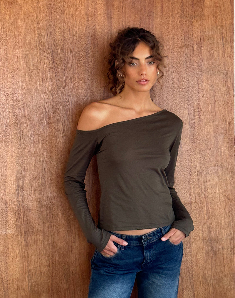 Image of Ledez Asymmetrical Slouchy Top in Olive Tissue Jersey