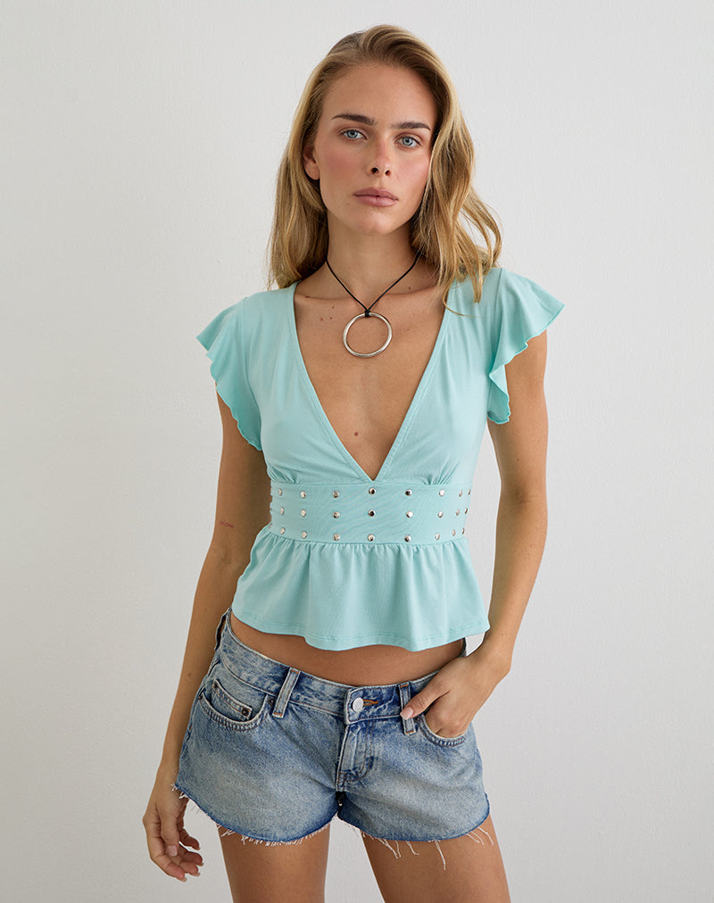Image of Leisma Frill Top in Jersey Aqua with Studs