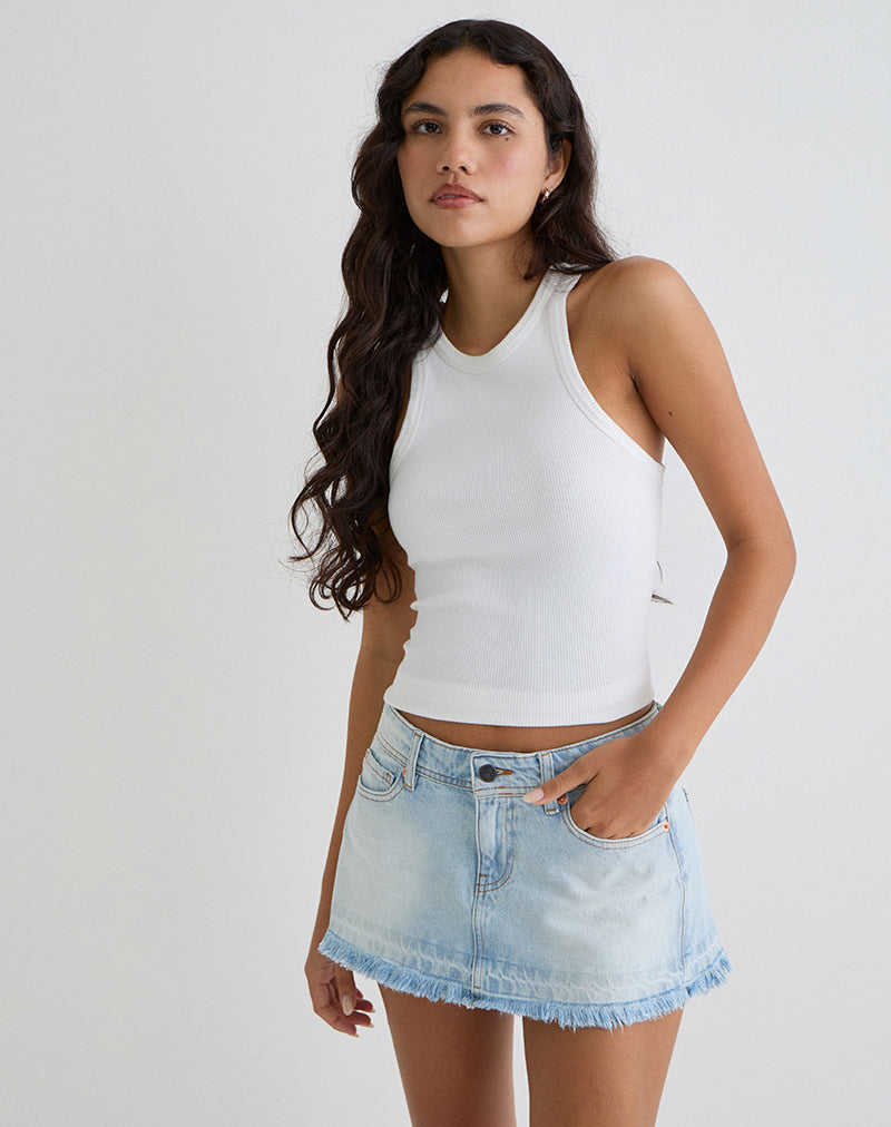 Raw Hem Low Rise Denim Mini Skirt in Icy Blue