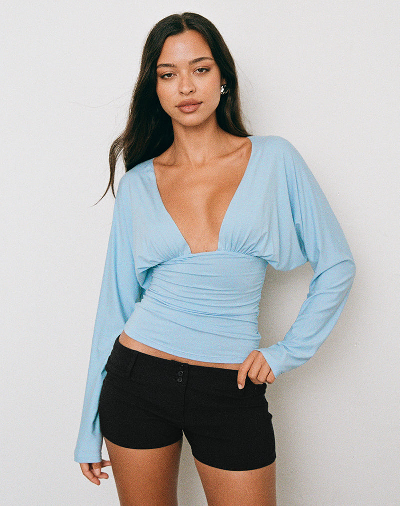 Image of Lilro Long Sleeve Plunge Batwing Top in Cool Blue