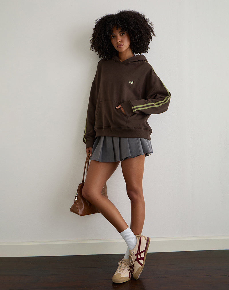 Image of Lingwu Hoodie in Bitter Chocolate with Green Binding and M Embroidery