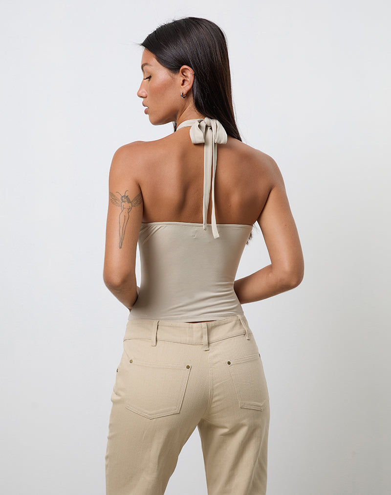 Image of Lorie Halterneck Top in Cupro Oatmilk with Metal Ring