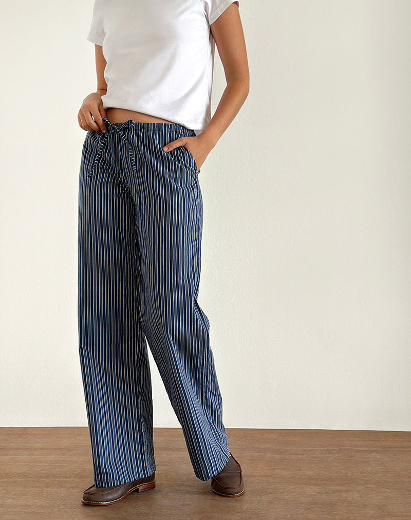 Image of Lirura Wide Leg Trousers in Indigo Stripe Dark Blue