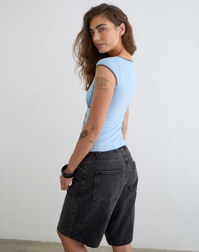 Image of Liuvia Top in Nantucket Blue with Coffee Quartz Binding and Flower Embroidery