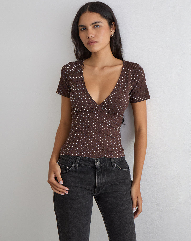 Lobos Crossover Top in Jersey Micro Polka Brown