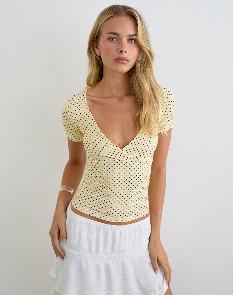 Image of Lobos Crossover Top in Butter Yellow with Micro Polka Dots