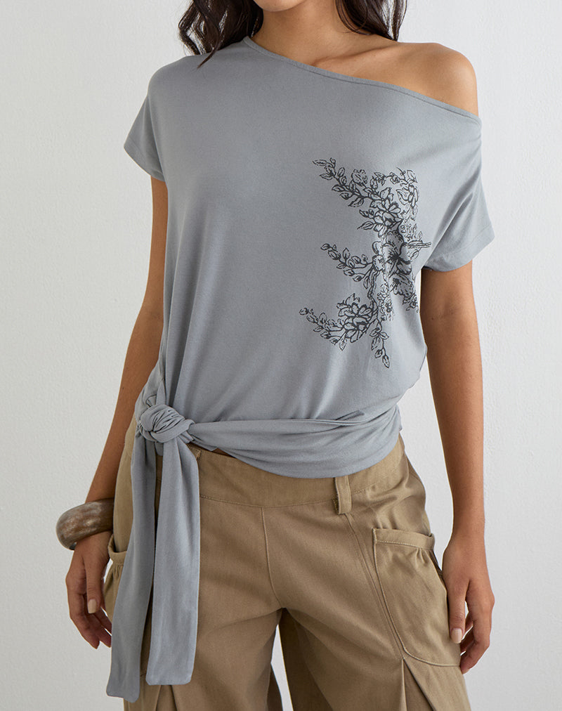 Lola Tie Waist Top in Artistic Floral Grey