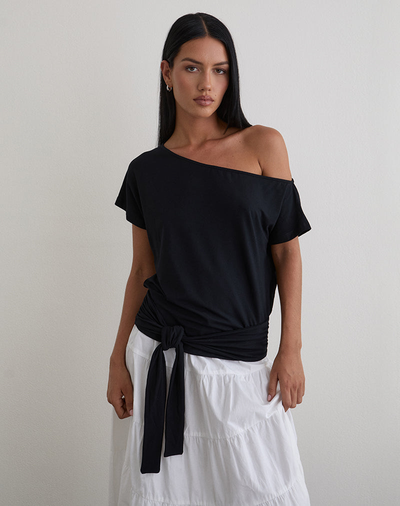 Lola Top mit Bindegürtel aus Rayon-Jersey, schwarz