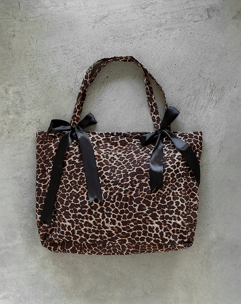 London Bag in Rar Leopard Sandstorm Print with Black Bows