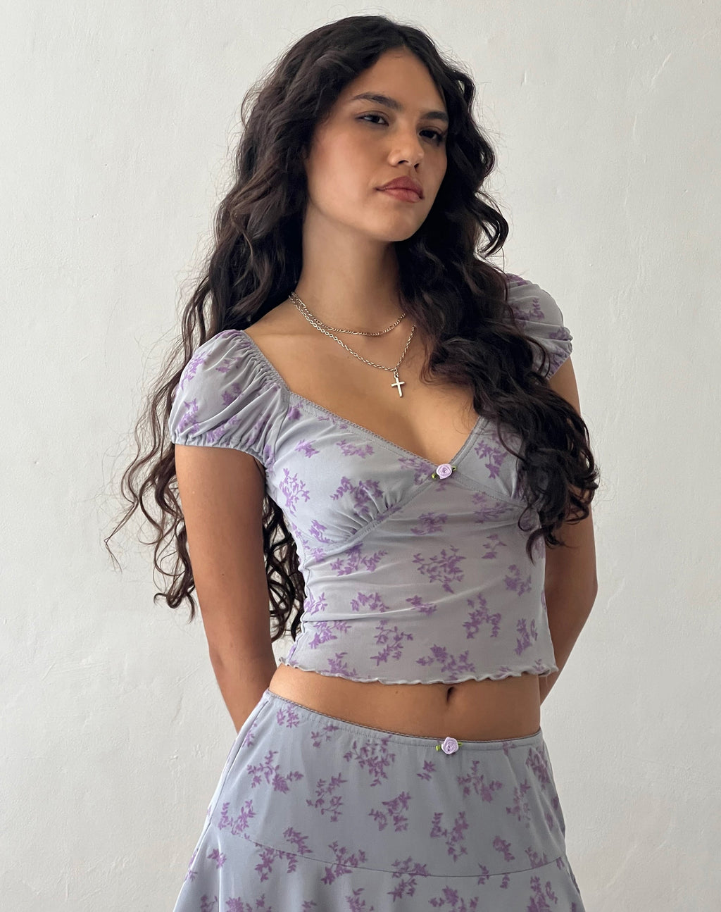 Lorenne Sweetheart Mesh Top in Purple Botanist Flock